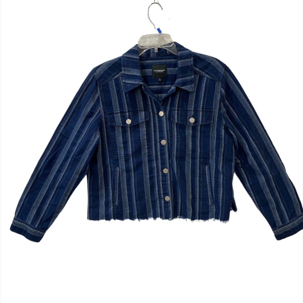 Liverpool By Los Angeles Cut Hem Jacket Striped Side Pocket Button Front